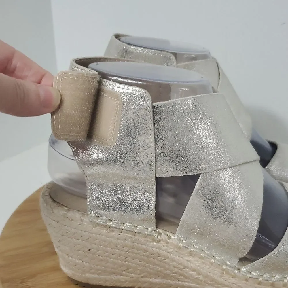 Eileen Fisher Willow Metallic Gold Platform Wedge Espadrille Sandals Women's 7